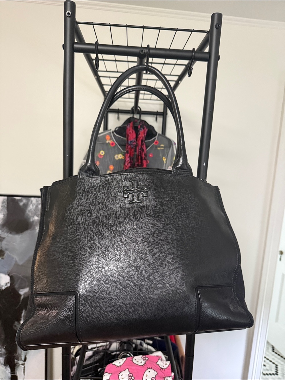 Tory Burch Black Pebbled Leather Tote with Logo